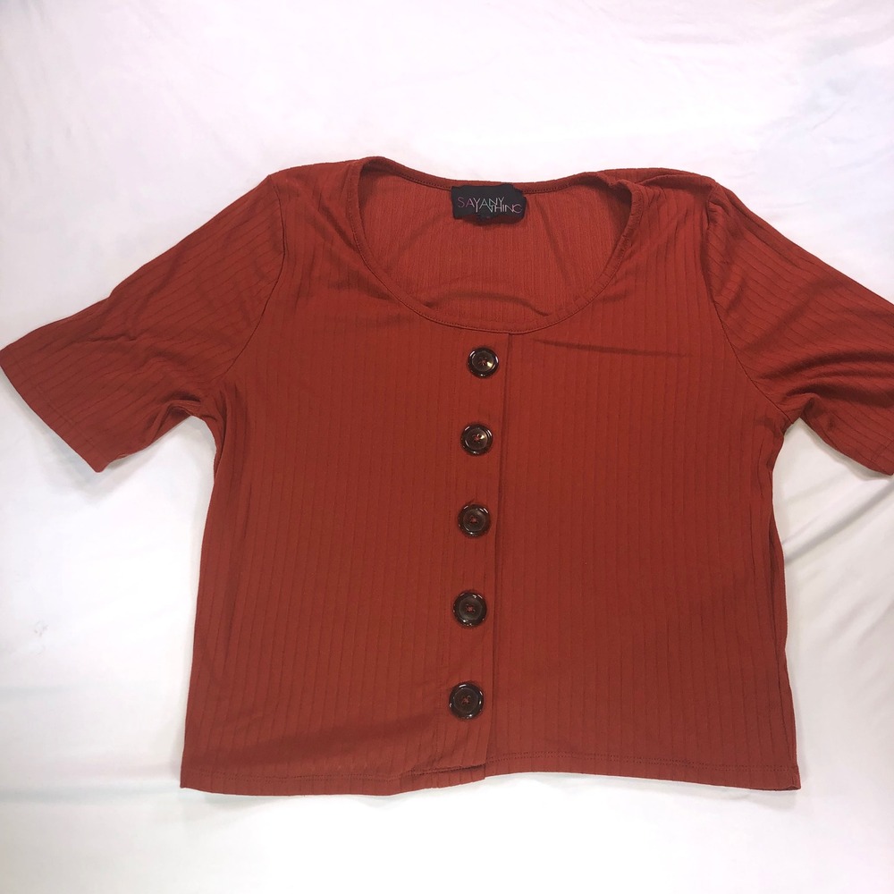 Say Anything Womens XL Rust Orange Ribbed Button Front Short Sleeve Crop Top